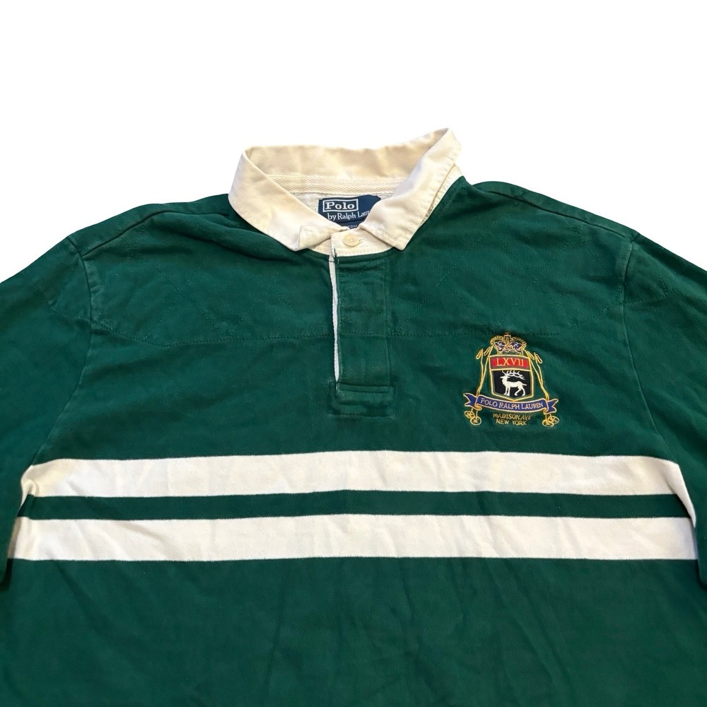 Polo Ralph Lauren Mens XXL Green White Striped Crest Rugby Shirt Custom Fit